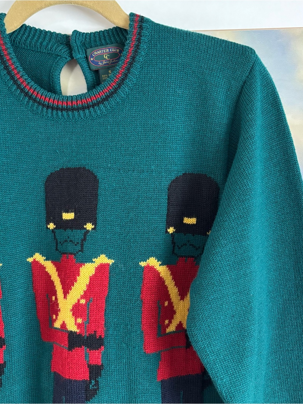 VTG Charter Club Jane Justin Toy Soldier Wool Blend Knit Sweater Green Keyhole S - Picture 2 of 16